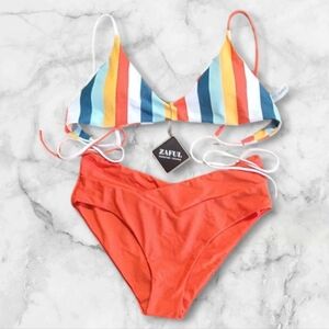 * Zaful Large  Striped Bikini Set Unused Strappy Tie High Thigh Bottoms